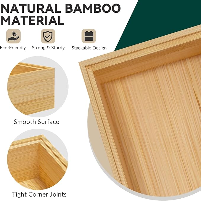 Lixple Bamboo Drawer Organizer, Cutlery Silverware Organizer for Kitchen Drawer, Stackable Utensil Organizer, 2 Pcs Flatware Organizer for Drawer, Wooden Storage Box Tray (Bamboo, 9 X 6 X 2 Inch)
