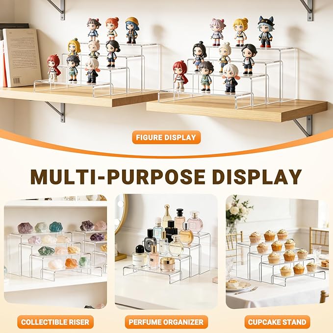 FUNFERY Acrylic Display Risers, 2 Set(7.8" L~8.2" L~8.6" L~9Ã¢ÂÂL) Display Shelf for Figure, Collectibles, Cupcake, Clear Acrylic Stands for Dessert, Jewelry, Candy Showcase, 4 Tier Action Figure Stand