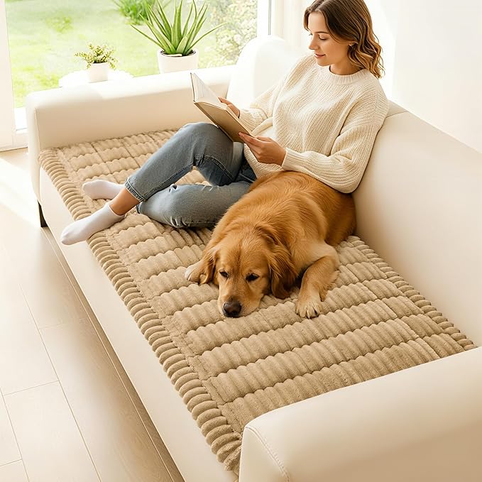 hyha Couch Covers for Dogs Washable, Non Slip Plush Dog Sofa Protectors, Fuzzy Pet Couch Covers for 3 Cushion Sofa Pet Friendly (Camel, 27.6" x 27.6")