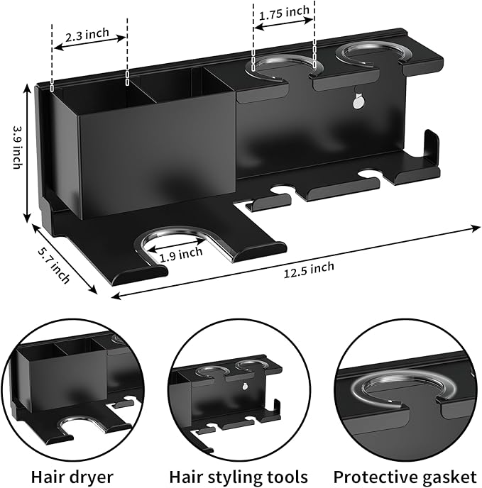 YSD Hair Dryer Holder Wall Mounted, Metal Hair Tools Organizer, Hair Dryer Holder for Blow Dryer, Curling Iron, Straightener, 3 in 1 Bathroom Hair Tool Organizer, Black