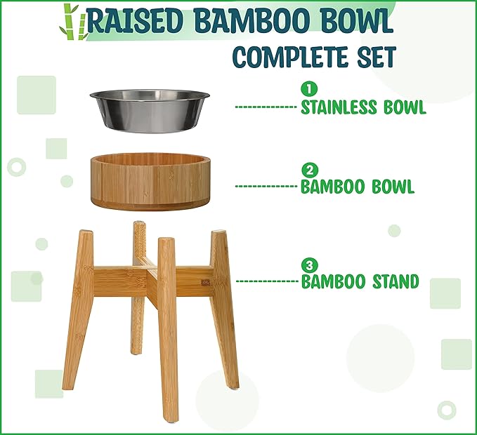 Raised Dog Bowl with Stand (12-inch) - Elevated Bamboo Food Bowl with Stainless Steel 304 Insert - Medium-to-Large Breeds Suitable
