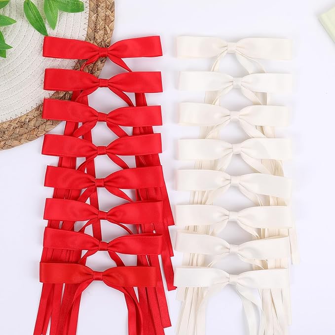 Red Hair Bows Clips Coquette Ribbon Bowknot with Long Tail Princess Hair Bows French Barrettes Hair Accessories for Women Girls 16PCS (Red, Cream)