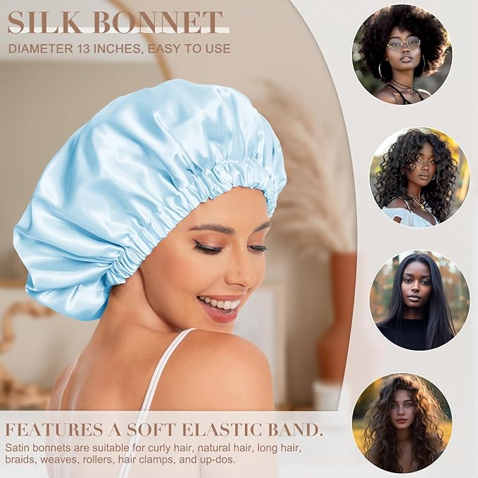 Satin Bonnet Silk Bonnet Hair Bonnet for Sleeping-Slouchy Beanie Hat Satin Sleep Cap for Women's Natural & Curly Hair(Blue)