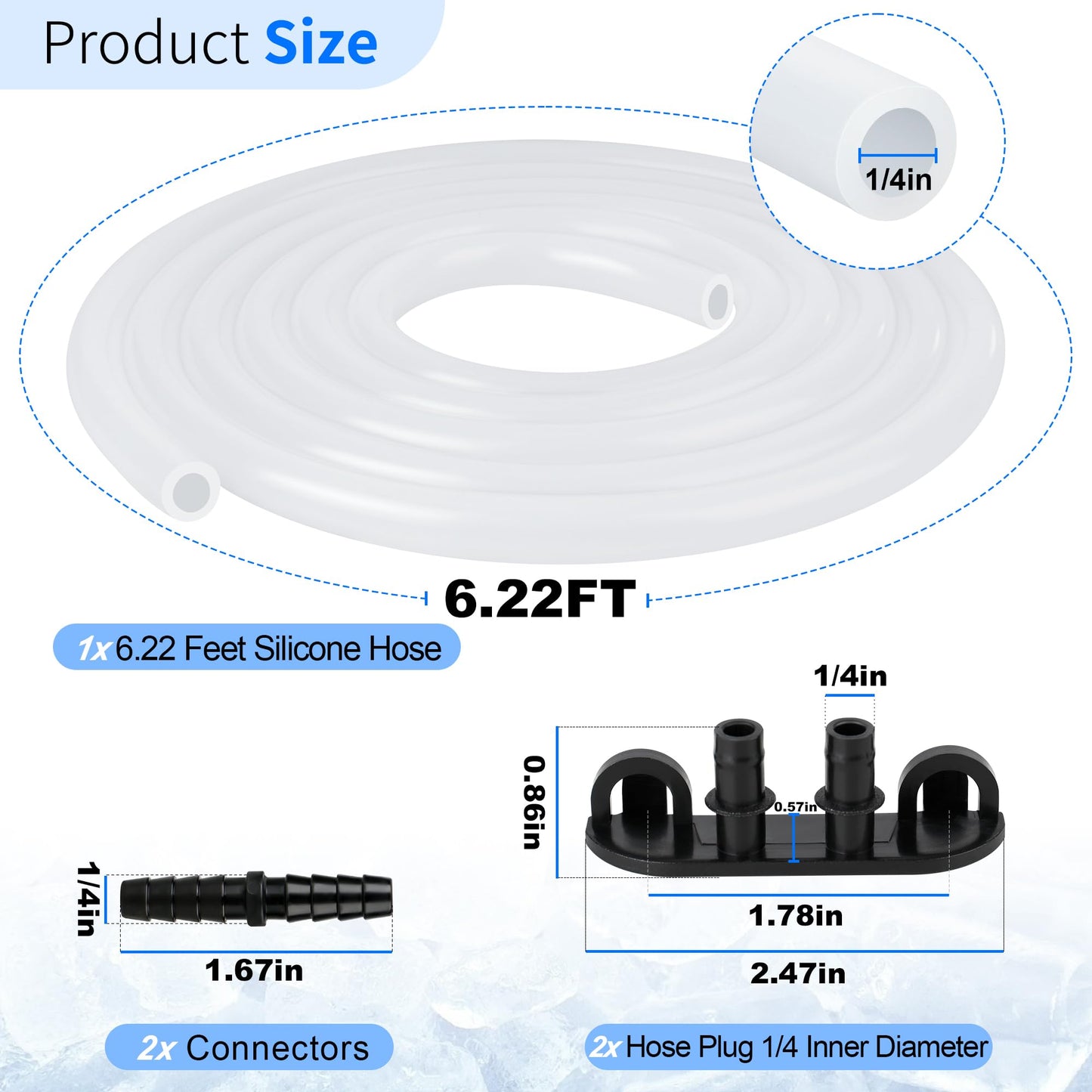 Ice Maker Drain Hose with Plug, Ice Maker Parts Compatible with GE Opal Nugget Ice Maker, 6.22 Feet 1/4'' ID Drain Hoses Extension with Stopper Cap Hanger Holder Clip