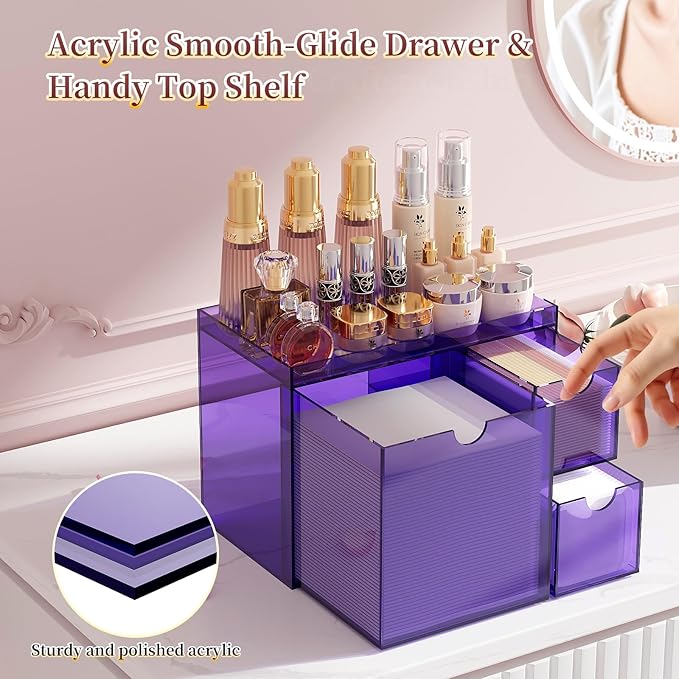 Youdepot Purple Acrylic Face Towel Holder with 3 Drawers, Disposable Face Towel Organizer for XL Facial Towels, Cotton Pads, Swabs, Skincare Tools, Bathroom Vanity Countertop Storage Box.