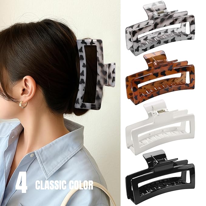 5 Inche Extra Large Claw Clips for Thick Hair, 4 Pack Xl Leopard and Glossy Claw Clips, Jumbo Non-Slip Rectangle Hair Clips for Women, Strong Hold Jaw Clips for Long Hair