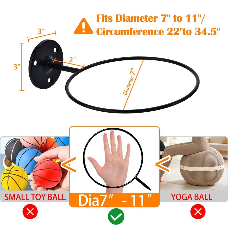 Lauvee Basketball Holder Wall Mount, 7 inch Diameter Metal Ball Holder, Ball Storage for Basketball, Football, Volleyball, Soccer, Ball Rack Display for Sports Accessories Organizer (Roll, 2 Pack)