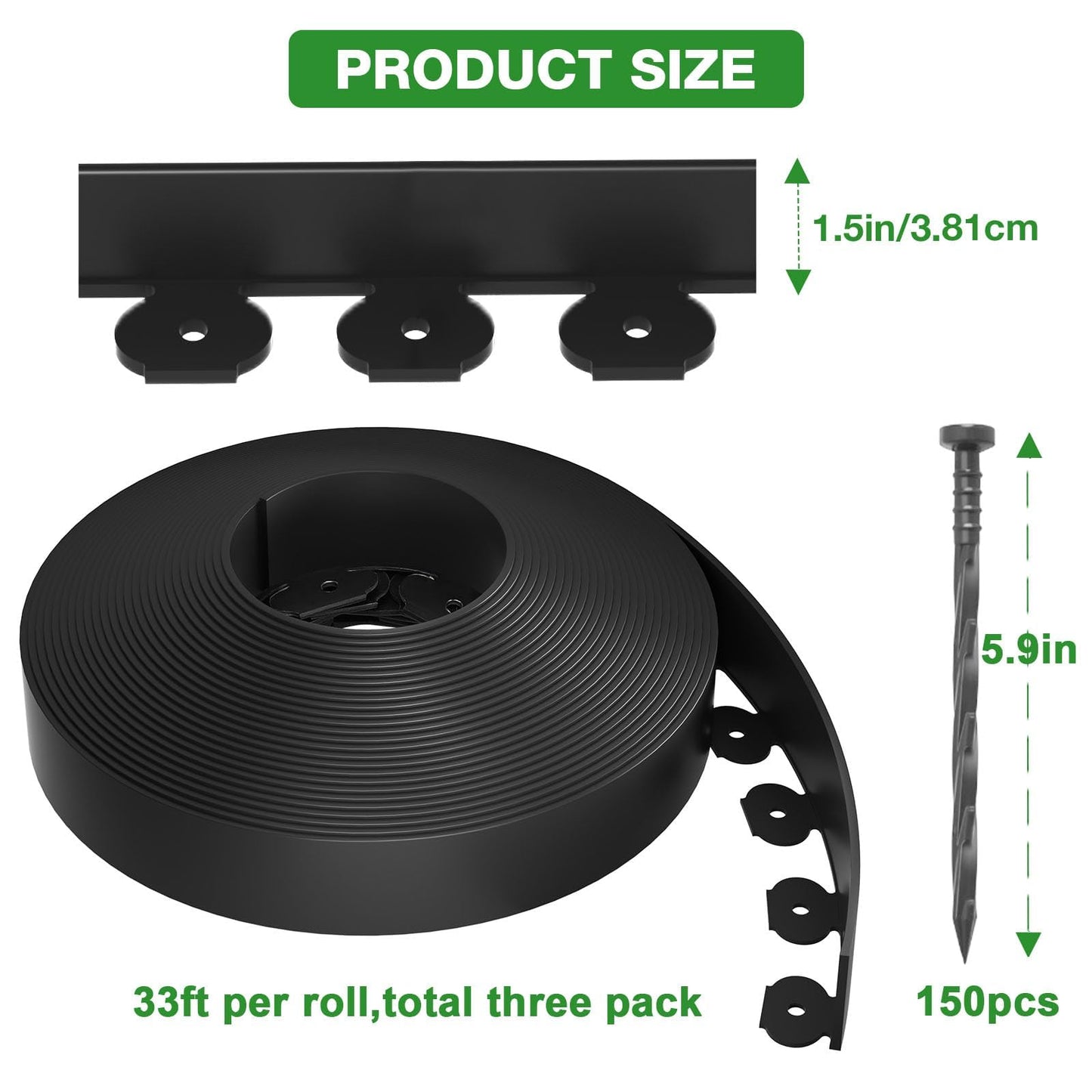 MIXC 100ft Landscape Edging Kit with 150 Spikes, Not Digging Flexible Plastic Edge Border for Landscaping, Lawn, Garden, Flower Beds, Yard, Paver, Playground, Pathway,3pack, 33ft Each,1.5in high