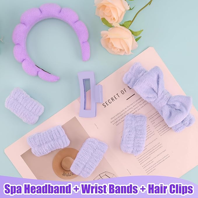 Canitor Spa Headband Wrist Bands Hair Clips Set Skincare Makeup Self Skin Care for Women Washing Face Teens Teenager Tween Clean Girl Gifts Cute Trendy Stuff Things Purple Stocking Stuffers
