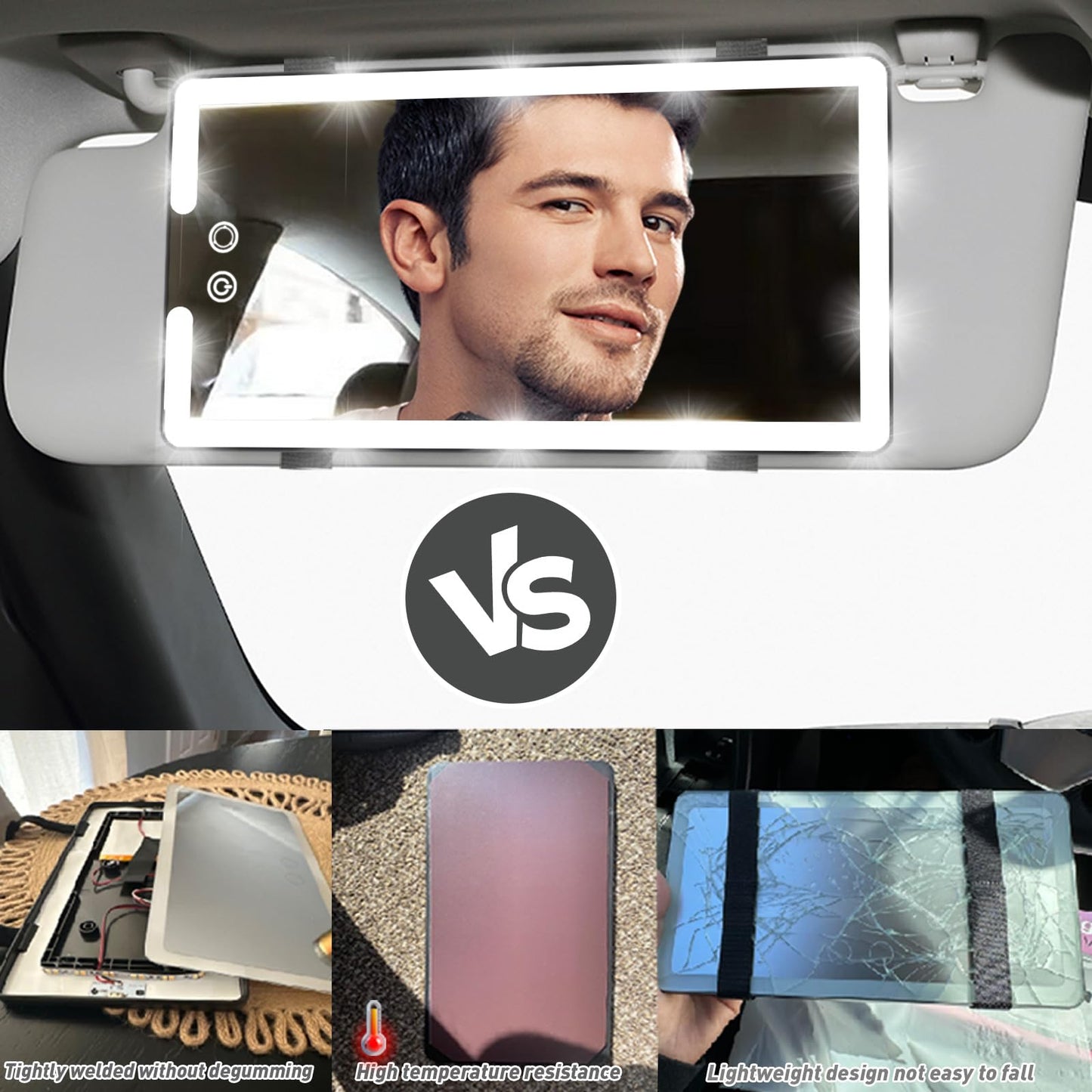 Led Sun Visor Vanity Mirror, Upgraded Large Car Mirrors with Lights, Dimmable Light up Vanity Makeup Mirror for Car,Rechargeable Universal Rear View Visor Mirrors