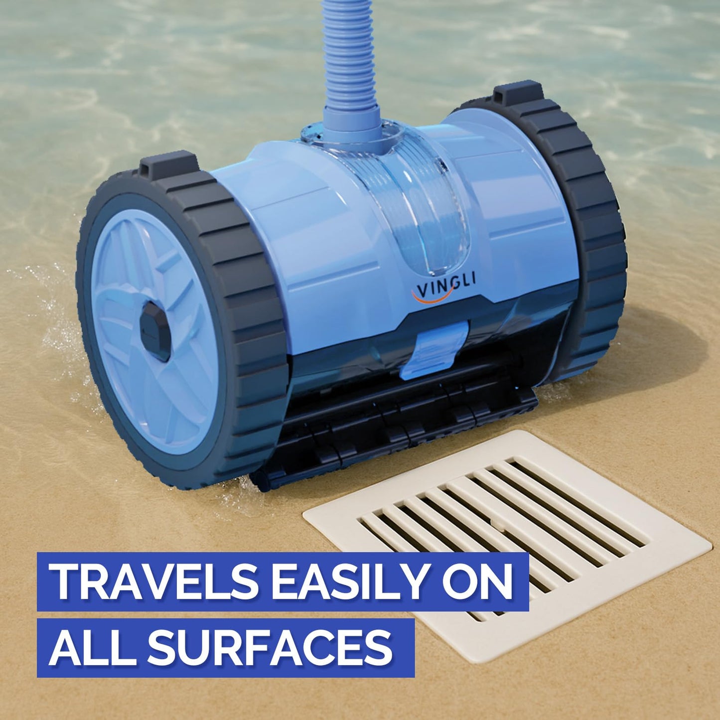 VINGLI Pool Vacuum Cleaner, Automatic Pool Sweeper for Ground&Inground Pools, Suction Side Wall-Climbing Sweeper with 39.6ft Tangle-Free Hose (Memory Blue&Gray)