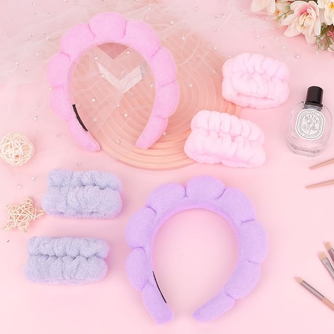 6Pcs Spa Set, Terry Cloth Headbands & Wrist Washbands for Face Washing