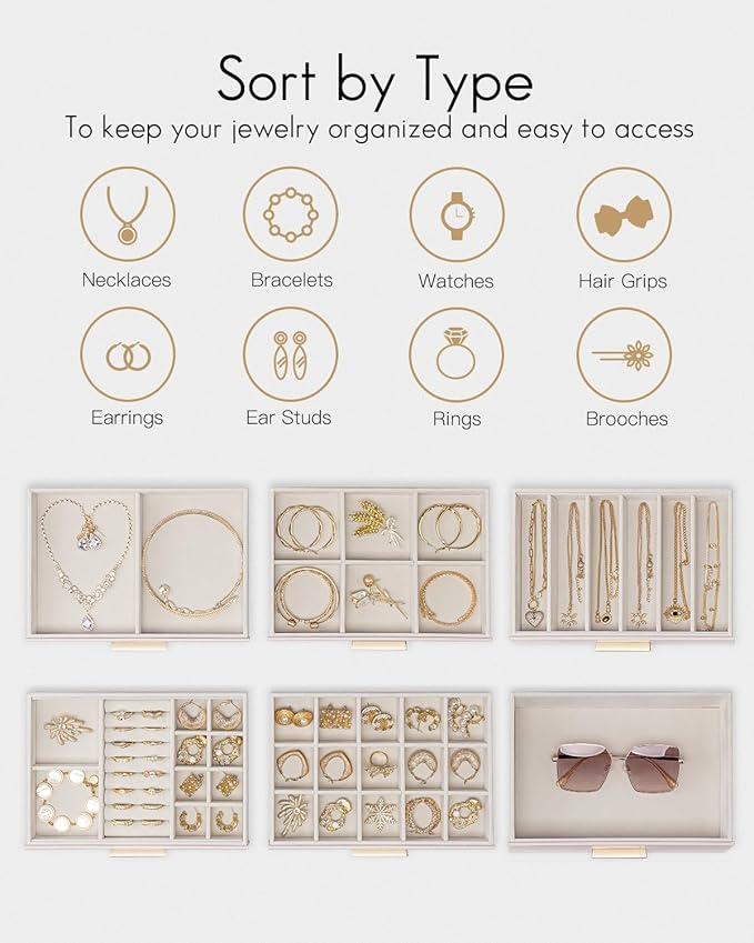 Vlando 6 Layer Jewelry Box for Women, Glass Lid Jewelry Organizer with 6 Drawers for Necklaces Rings Earrings Bracelets - Light Pink