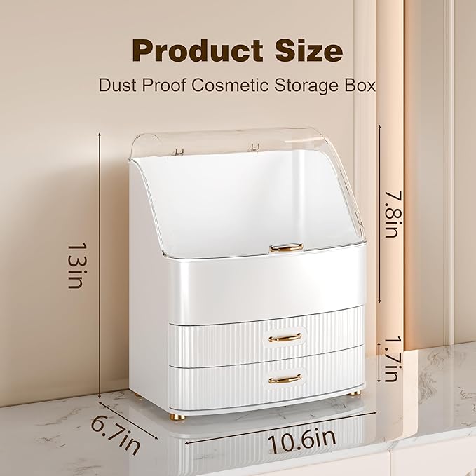 Makeup Organizer Countertop Vanity with Transparent Lid Drawers Waterproof Dustproof Cosmetic Skincare Bathroom Storage Gift for Women Teens Girls (Whtie)