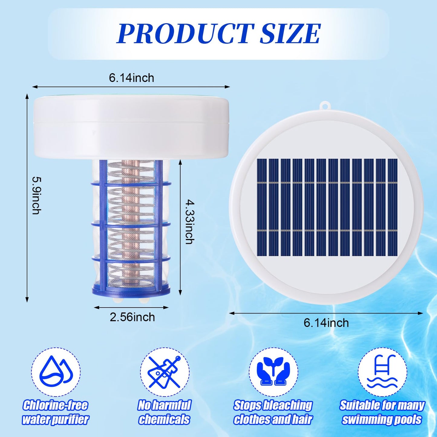 Qualirey Solar Pool Ionizer Automatic Floating Pool Cleaner, Water Ionizer with 4 Pcs Scum Eliminating Ball, for Above Ground and Inground Pools, up to 35, 000 Gallons (Without Light)