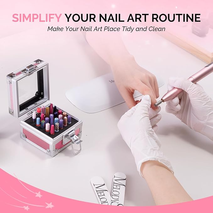 MelodySusie Nail Drill Bits Holder, 25 Holes Case, Portable Dustproof Displayer Organizer Container, Nail Tech Professional Nail Art Tool, Travel Salon Home, Pink (Drill Bits Not Included)