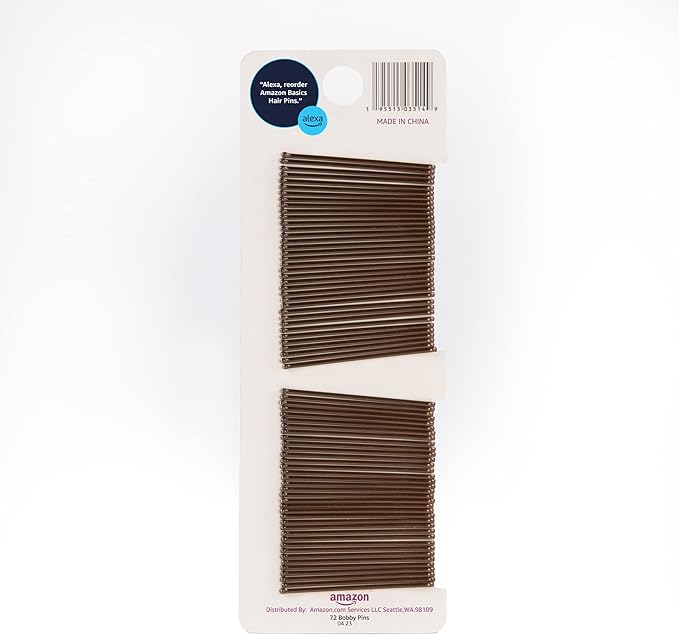 Amazon Basics No Slip Bobby Hair Pins, Brunette Brown, High Gloss for Comfortable All-Day Styling and Updos, All Hair Types, 72 Count