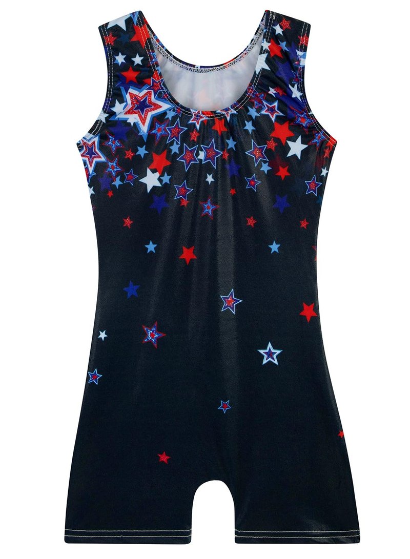 Gymnastics Leotards for Girls Toddler Ballet Dance Tumbling Outfits 3t 4t Kids Sleeveless Gymnastic Biketard with Shorts Sparkly Dancwear Unitards Clothes Bodysuit (Blue Red Stars, 3-4T)