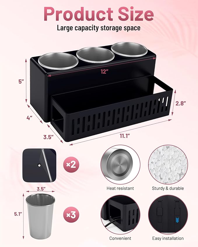 Hair Tool Organizer, Detachable Hair Dryer Holder with 3 Stainless Steel Cups, Wall Mounted Bathroom Organizers and Storage for Accessories, Curling Irons, Straighteners, Toiletries, Makeup