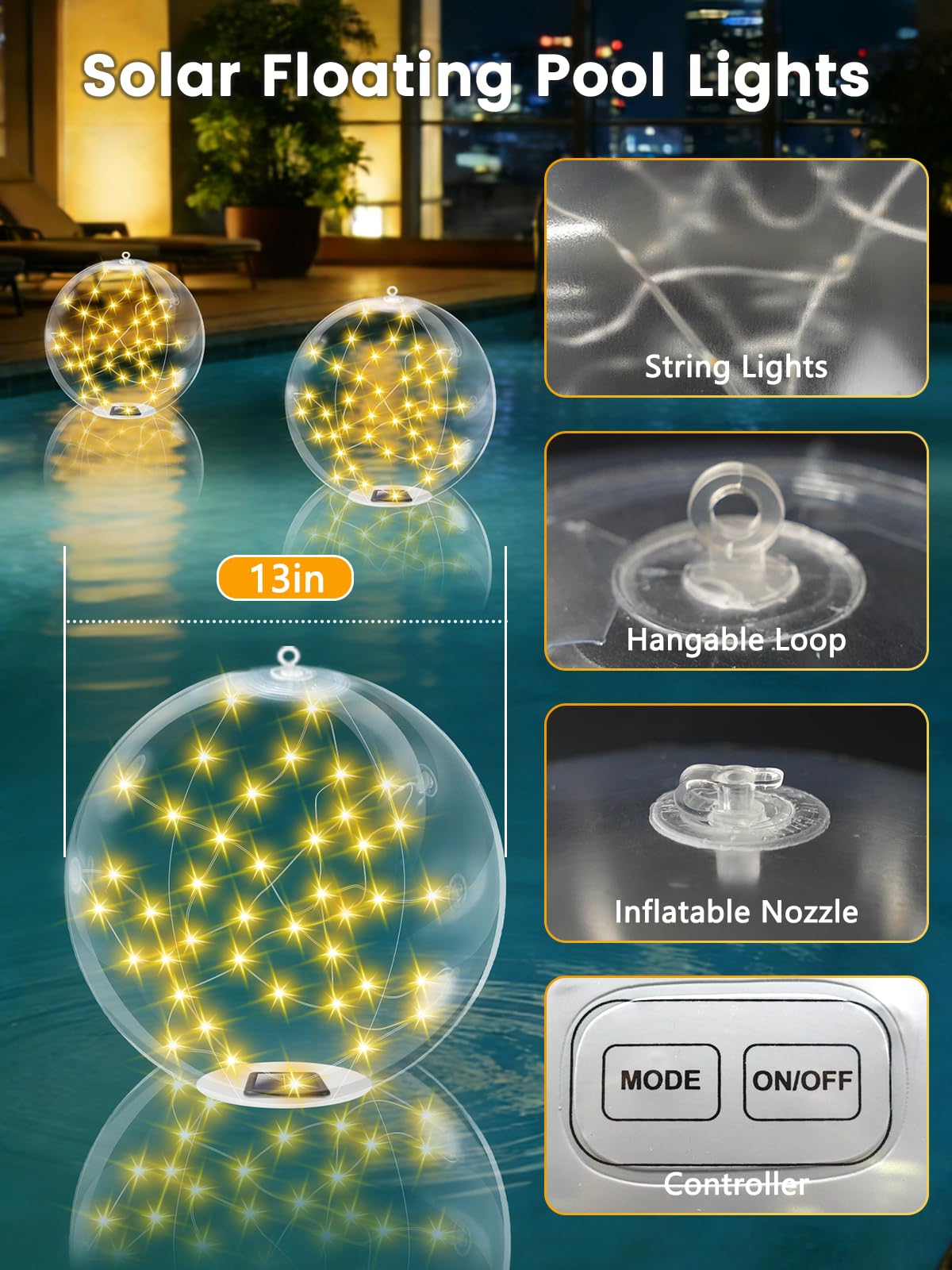 2026 New 2 Pack Floating Pool Lights, Warm White Solar Powered Pool Ball Lights That Float with 8 Modes, IP68 Waterproof Light Up Inflatable LED Balls for Pools Outdoor Party Wedding Yard Decorations