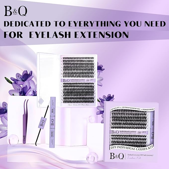DIY Lash Extension Kit 280pcs Individual Lashes Cluster D Curl Eyelash Extension Kit Lash Clusters with Lash Bond and Seal and Lash Applicator Tool (KIT,40D+50D-D-9-16MIX)