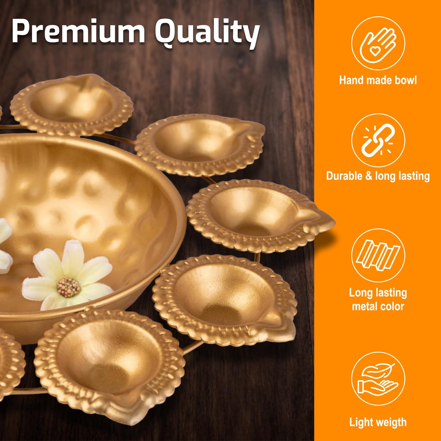 DIYANA IMPEX Urli Bowl for Diwali Decoration for Floating flowers and Perfect for Home Décor, Christmas, Pooja, Festive with Tea light Candles (14" Inches,Gold)