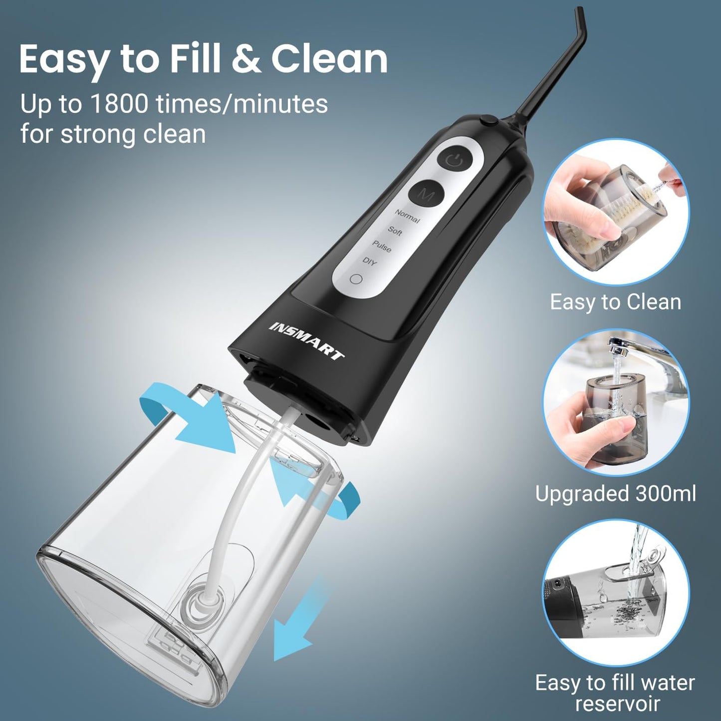 Cordless Water Dental Flosser Teeth Cleaner, INSMART Professional 300ML Tank DIY Mode Rechargeable Dental Oral Irrigator for Home and Travel, IPX7 Waterproof 6 Modes Irrigate Oral Care (Black)