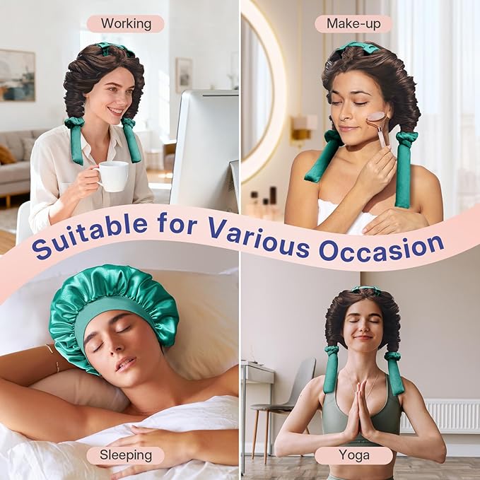 LitBear Heatless Curls Overnight, 2 Sizes of Soft Hair Rollers for Women with Bonnet to Sleep In, No Heat Hair Curlers Set with Scrunchies and Clips, for Long and Medium Hair (Green)