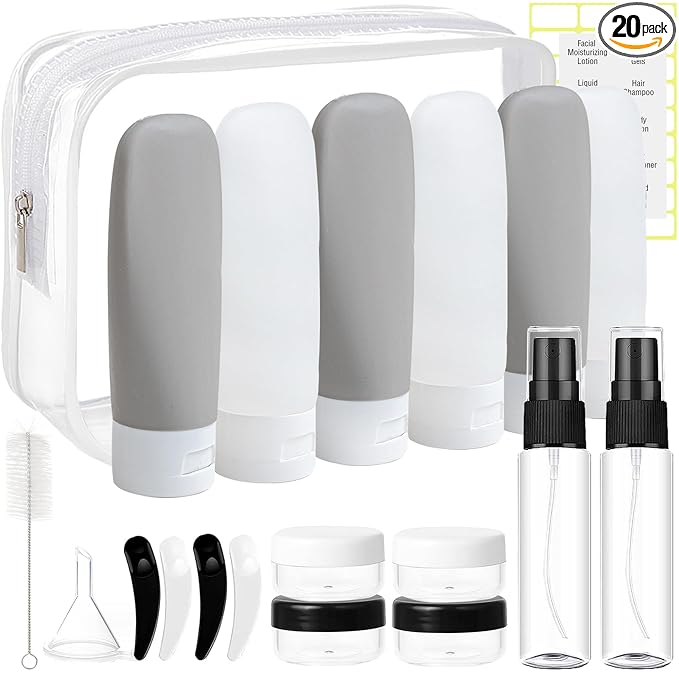 DEWSENSI 20 Pack Travel Bottles Set - TSA Approved Leak Proof Containers Kit for Toiletries - Portable Refillable Accessories for Shampoo, Conditioner, Lotion, Liquids (Black & White)