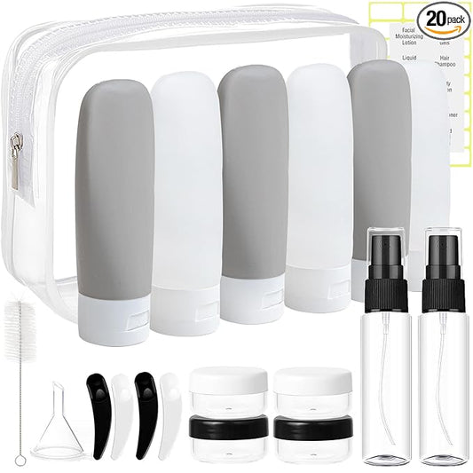 DEWSENSI 20 Pack Travel Bottles Set - TSA Approved Leak Proof Containers Kit for Toiletries - Portable Refillable Accessories for Shampoo, Conditioner, Lotion, Liquids (Black & White)