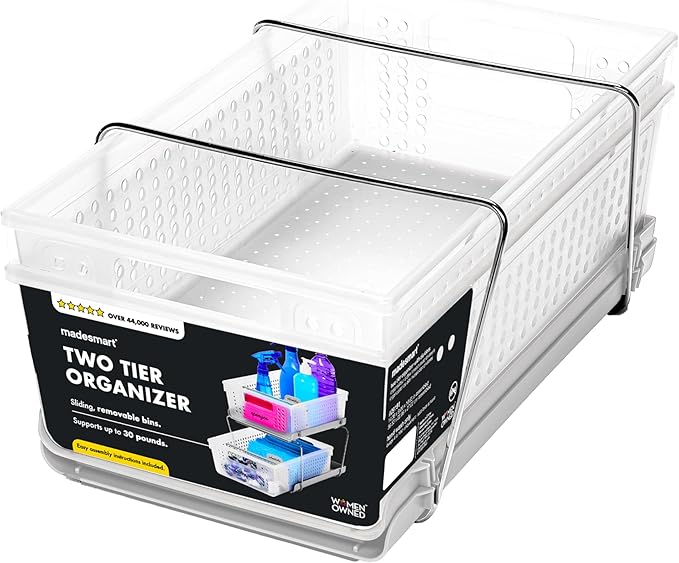 madesmart 2 Tier Bath Organizer,Undersink Storage with Sliding Drawers,for Cleaning Supplies,Pantry,Sponges,Bottles&Kitchen Essentials,Adjustable Dividers&Pull Out Sliding Baskets,Frost,(Pack of 2)