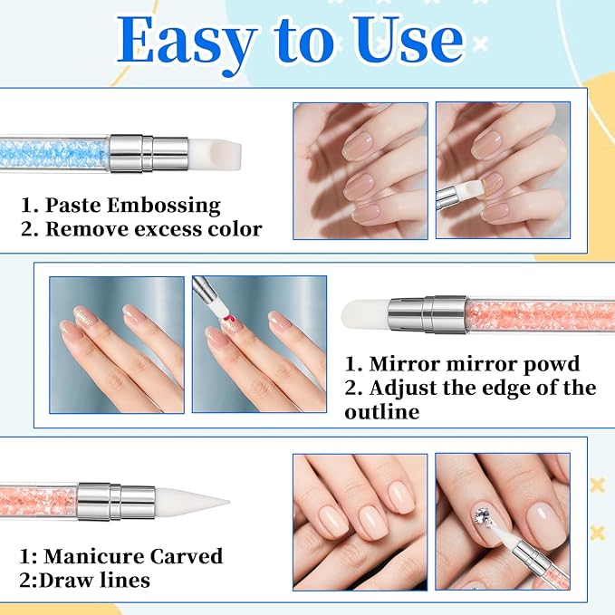 6 Pcs Nail Art Sculpture Pen, Dual Tipped Silicone Nail Tools, Silicone Head Acrylic Handle Nail Art Brushes, Rhinestone Nail Polish Carving Pen, Nail Art Tools for Home Salon(5 Colors)