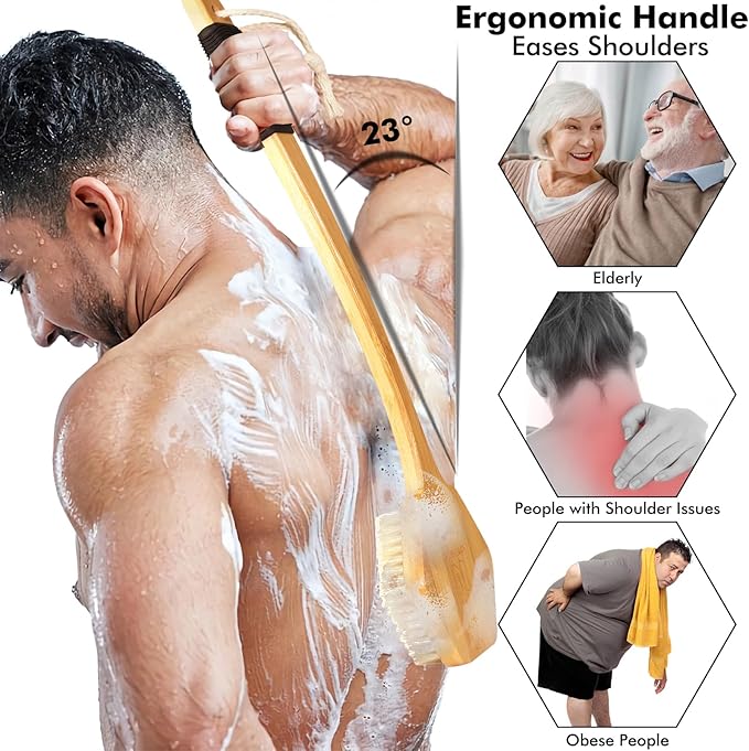 NORTHSONG Deep Cleaning Body & Face Scrubber Set Extra Long17.72Inch Bamboo Back Brush with Wild Boar Bristles&Gentle Facial Cleansing Brush for All Skin Types Ideal for Elderly, Sensitive Skin
