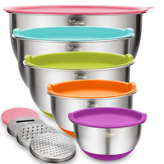 Wildone Mixing Bowls with Airtight Lids Set, 5PCS Stainless Steel Nesting Bowls for Kitchen, with Grater Attachments & Non-Slip Bottoms, Size 5, 3, 2, 1.5, 0.63 QT, for Baking & Serving (Colorful)