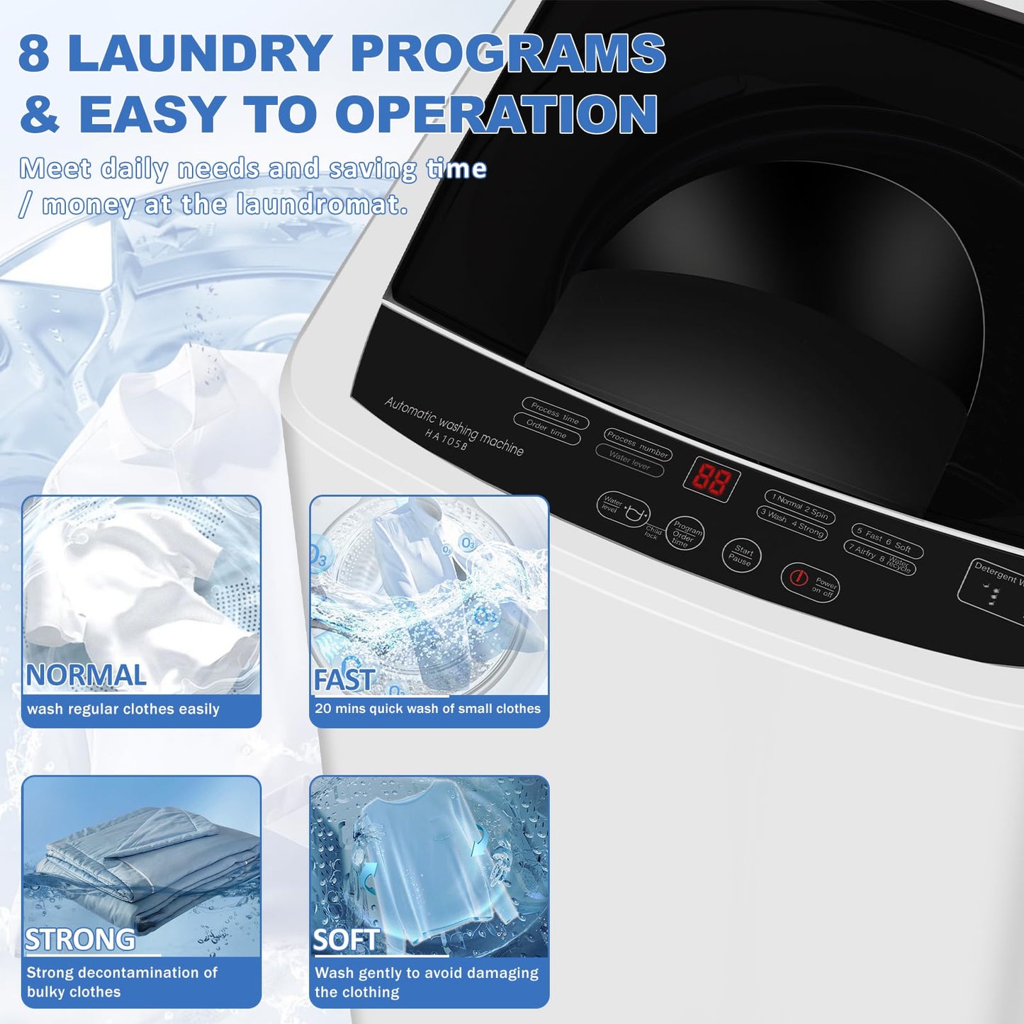 Erivess 15lbs Portable Washing Machine, 1.9 Cu.Ft Full Automatic Washer and Dryer Combo with 8 Wash Programs, Compact Laundry Washer for Apartment, Dorm, RV, Small Spaces, Lavadora