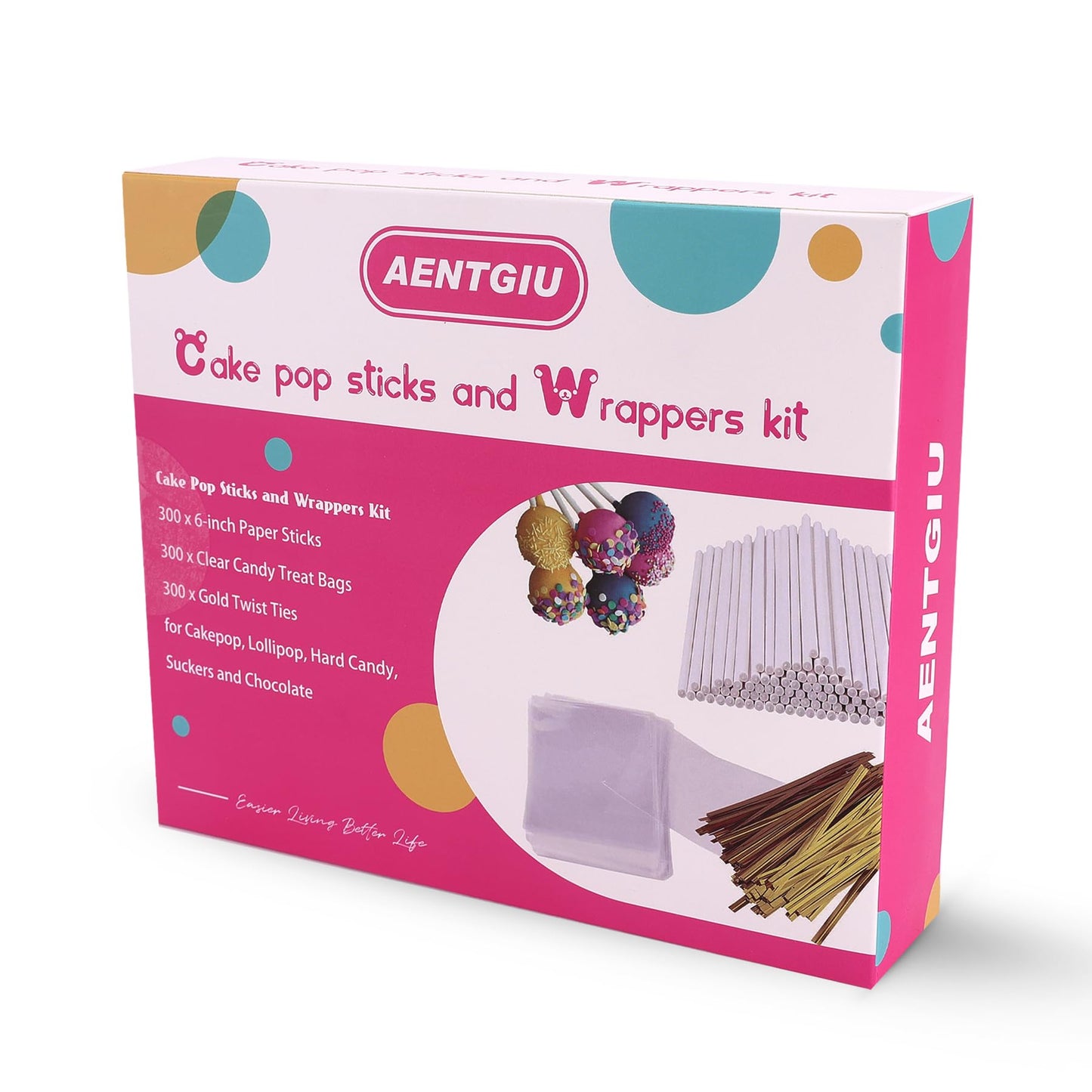 900-PCS Cake Pop Sticks and Wrappers Kit, Including 300pcs 6-inch Paper Lollipop Sticks, 300pcs Parcel Bags, 300pcs Gold Twist Ties for Lollipop, Hard Candy, Chocolate, Marshmallows, and Fruit Skewers