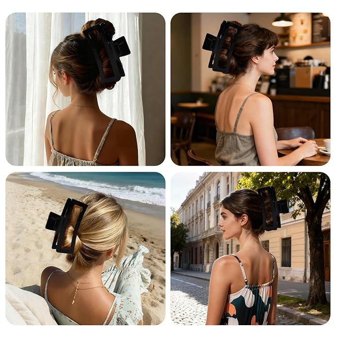 5 Inch XL Jumbo Claw Clips for Thick and Long Hair, 4-Pack Oversized Glossy Rectangle Hair Clips for Women, Strong Hold Non-Slip Jaw Clips, Black