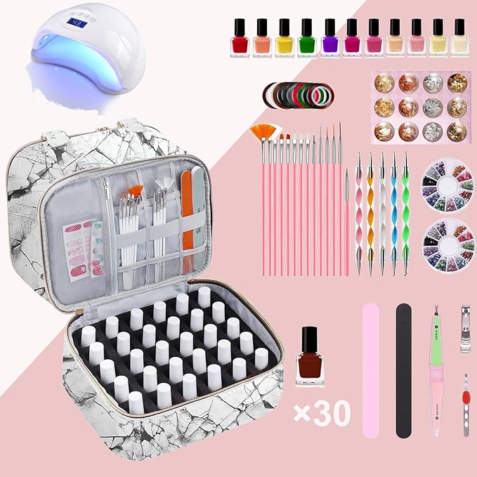 Nail Polish Organizer Case - Holds 30+ Bottles (15ml/0.5 fl.oz) and 1 Nail Lamp, Upgraded Double-layer Nail Polish Carrying Case Nail Polish Storage Bag with Handles (WHITE)