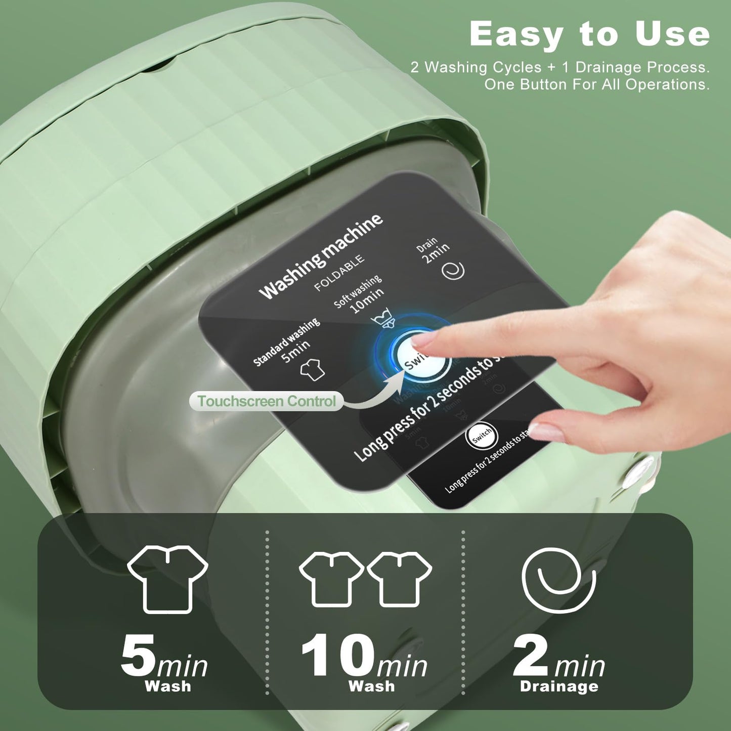 Mini Portable Washing Machine, 9L, 3 Modes, Blue Light Disinfection, Ideal for Underwear, Socks, Baby Clothes. Foldable for Space-Saving, Perfect for Apartments, Hotels, Camping & Travel (Green)
