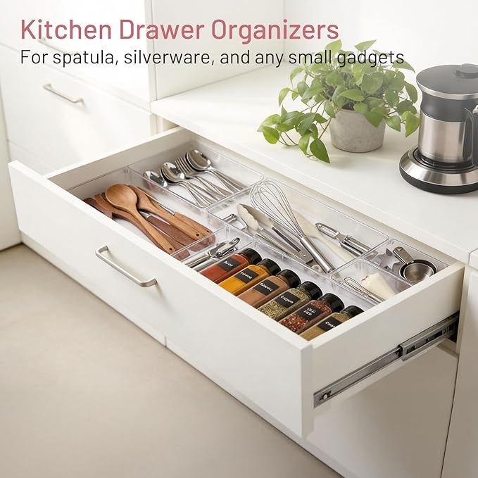 12 Pack Large Drawer Organizer Bins - Clear Plastic Bathroom Drawer Organizer Trays - Heavy Duty Kitchen Drawer Dividers for Utensils - Non-Slip Storage Bins for Makeup, Bedroom, Office Desk
