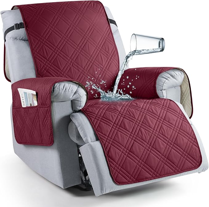 TAOCOCO Waterproof Recliner Chair Covers 30 Inch Wide, Oversized Recliner Covers for Recliner Chair with Pocket, Recliner Slipcovers with Straps Furniture Protector for Kids Pets (30'', Wine)