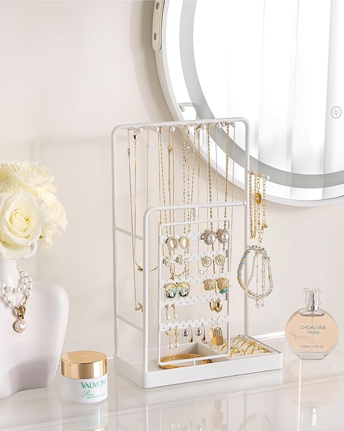 ProCase Jewelry Stand Holder Organizer, Jewelry Display Storage with Ring Tray, No-Assembly Needed, Rotating Earring Bracelet Necklace Holder, Christmas Gifts Room Dorm Decor for Teen Girls -White