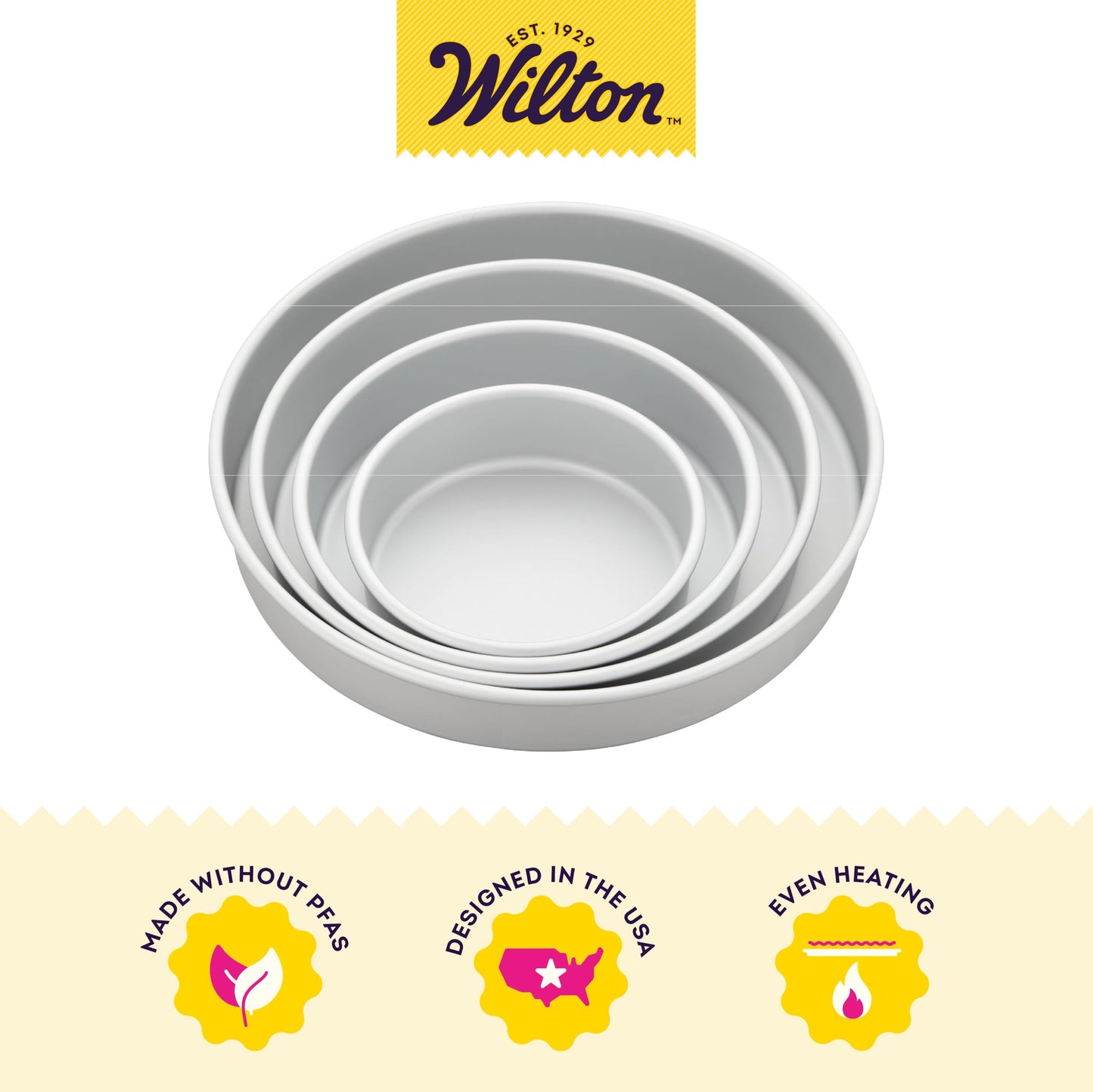 Wilton Aluminum Round Cake Pan Set, 4-Piece for Layered Cakes,Durable, Even Heating, Rust-Resistant, Professional Bakeware, 8, 10, 12 in., Package May Vary