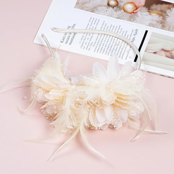 Womens Fascinators Hats Tea Party Hats for Women, Feather Pearl Veil Headband for Wedding Cocktail Dresses Accessories