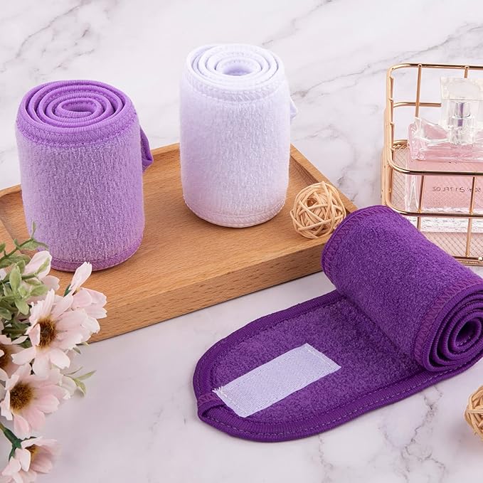Whaline Spa Facial Headband Make Up Wrap Head Terry Cloth Headband Adjustable Towel Band for Face Washing Shower Facial Cover, 3 Pieces (White, Purple, Dark Purple)