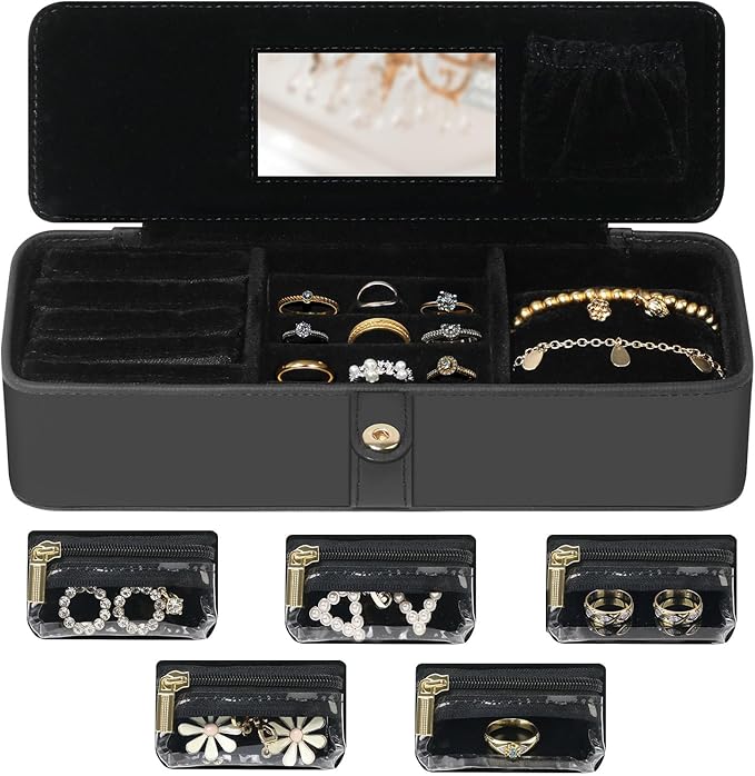 Travel Jewelry Organizer Box – Leather Jewelry Case Gift for Women and Girls – Jewelry Organizer and Storage with 5 Anti-Tarnish Velvet Pouches & Mirror – Portable for Trips and Daily Use