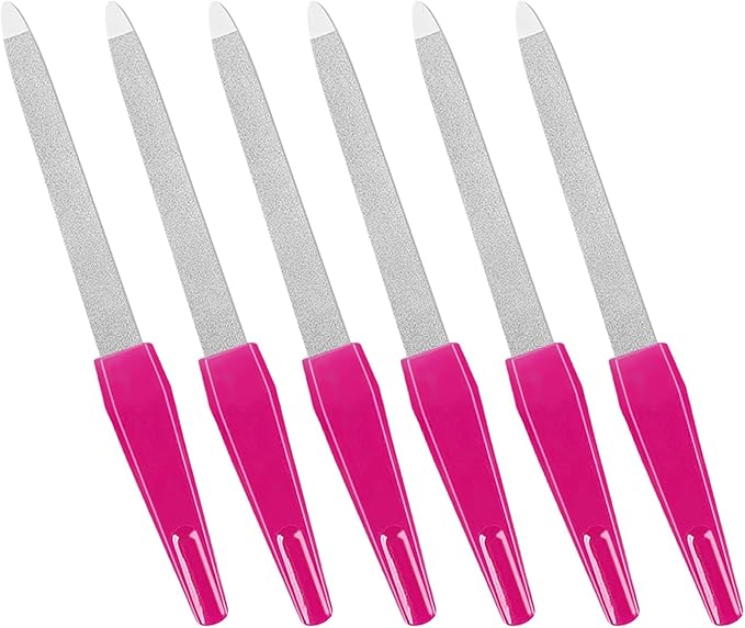 Metal Nail Files with Sharp Pointed Tip Made of Stainless Steel Non Slip Handle, Nail File Double Sided Sapphire Grit for Natural Nails Fingernails limas de uÃÂ±as metÃÂ¡licas Color Pink (6 Pcs)