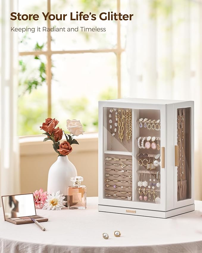 Glimmloop 360ÃÂ° Rotating Jewelry Box with 7 Drawers, Spacious Vertical Jewelry Organizer with Glass Window, Jewelry Storage Case, Dustproof & Moisture-resistant Design, White
