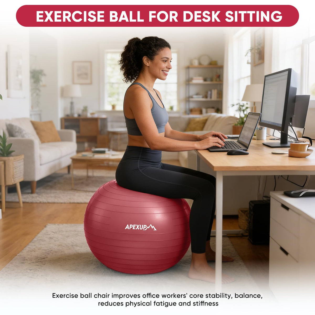 APEXUP Yoga Ball, 660 lbs Anti-Burst Exercise Ball with Pump, 5 Sizes (XXL(31"~34") 85cm, Red)