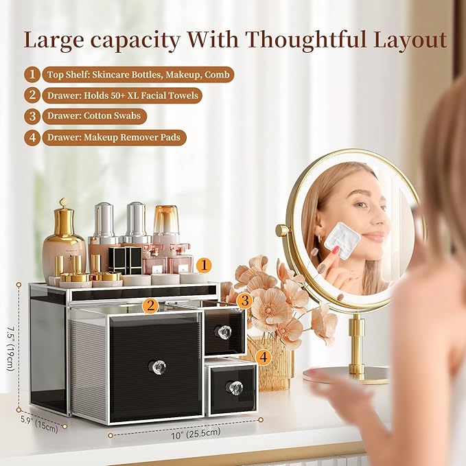 Coralhouse Multifunctional Face Towel Holder with 3 Drawers Ã¢ÂÂ Tempered Glass Cotton Pad & Swab Organizer Ã¢ÂÂ Disposable Face Towel Holder for Bathroom Vanity